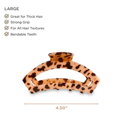 Teleties open claw clip bendable teeth for durable hair hold without snagging.