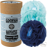 Temple Spring Recycled Luffa Sponge Ocean Blue closeup highlighting eco-friendly mesh texture.