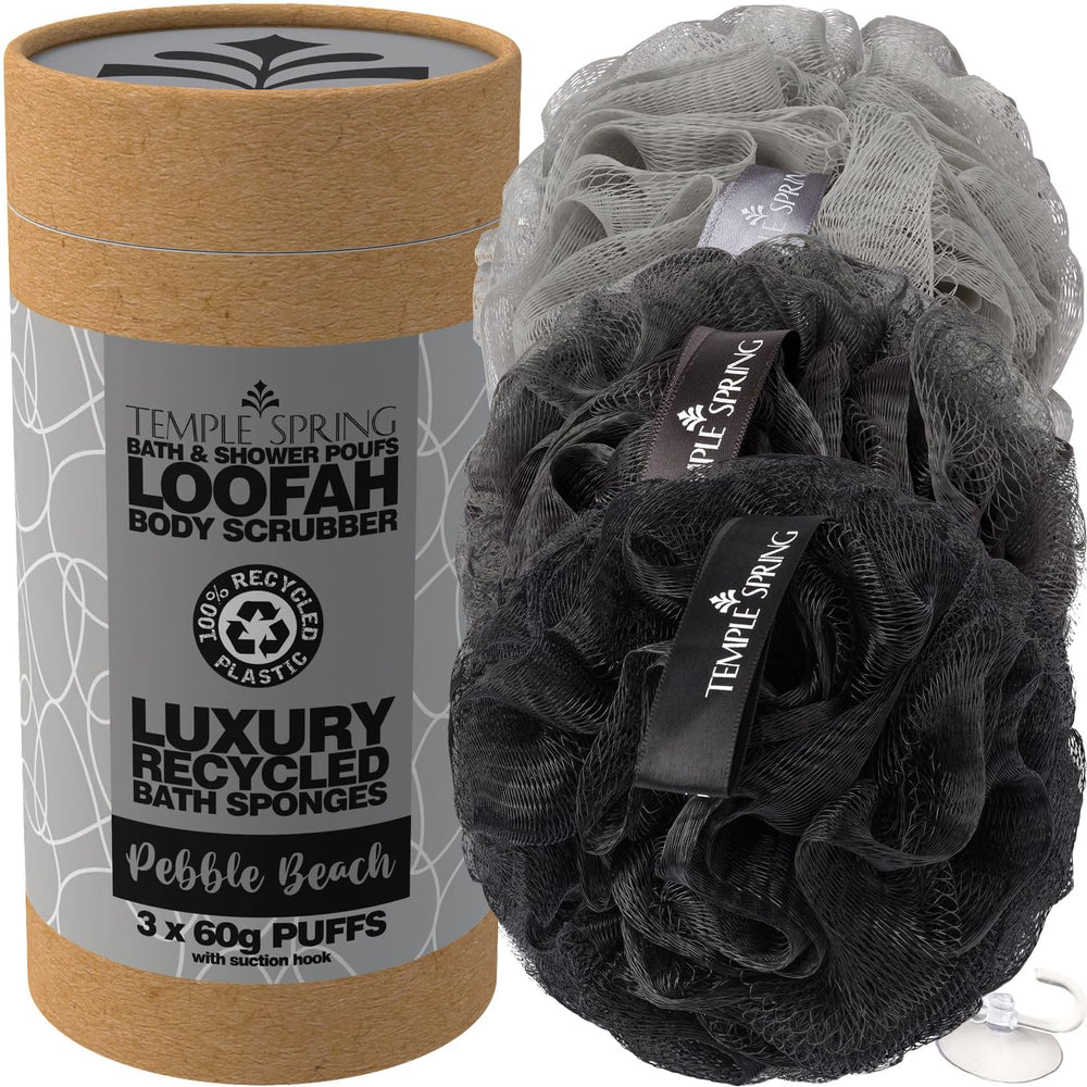 Temple Spring recycled luffa sponges pack of three colors for eco-friendly shower routines