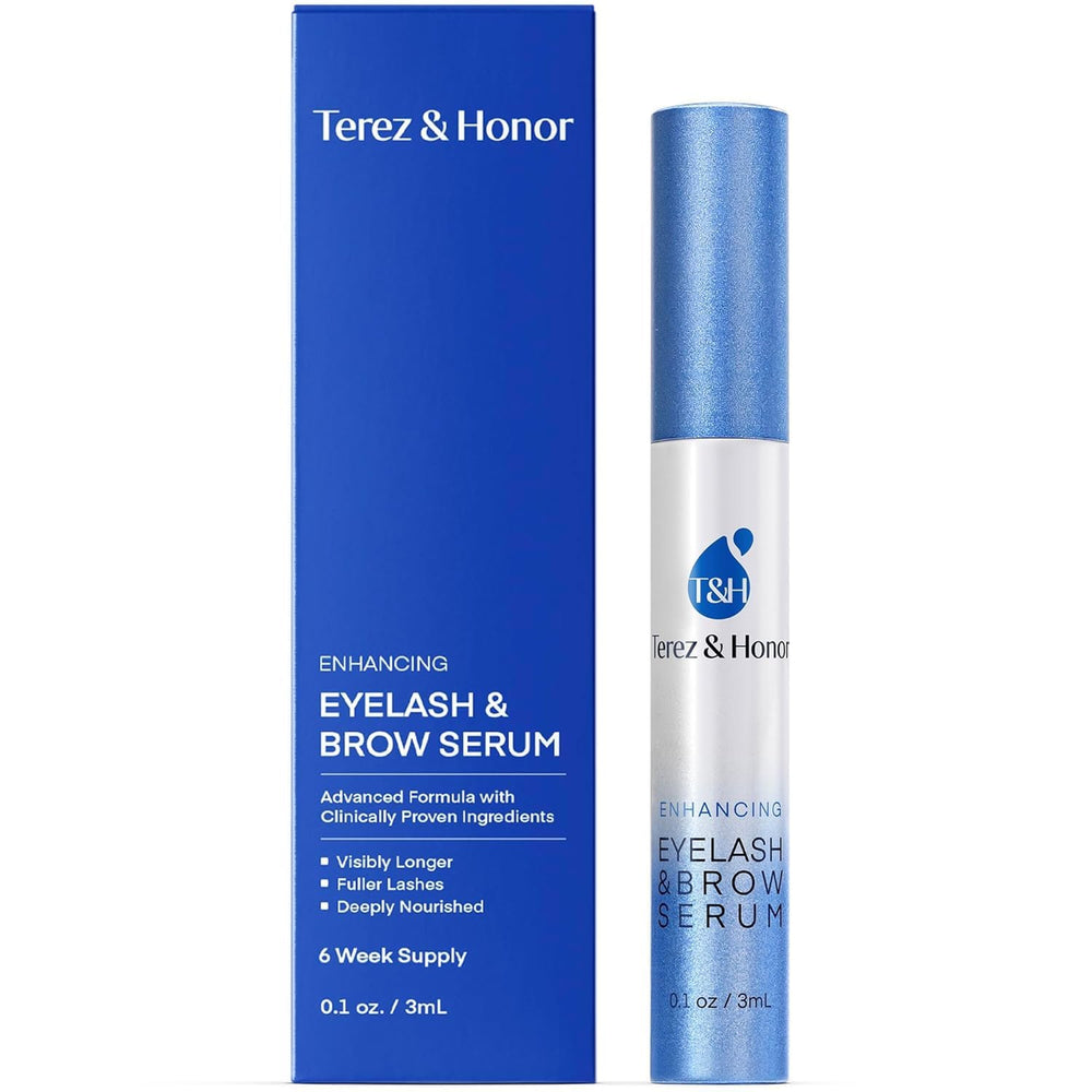 TEREZ & HONOR eyelash serum bottle closeup shows premium, drug-free formula for fuller lashes.