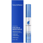 TEREZ & HONOR eyelash serum bottle closeup shows premium, drug-free formula for fuller lashes.