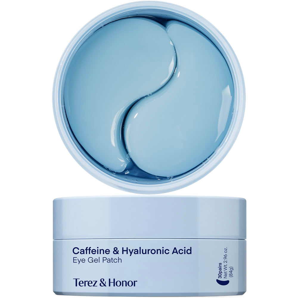 Terez & Honor under-eye patches packaging shows hydrating care for tired-looking eyes.