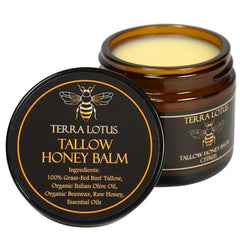Terra Lotus Honey Tallow Balm jar close-up for deep hydration.