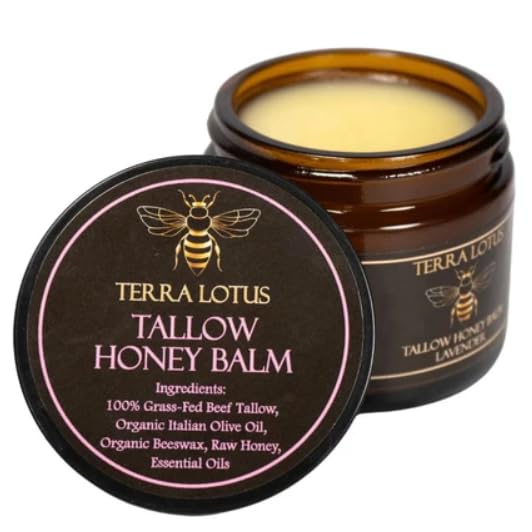 Terra Lotus Honey Tallow Balm jar with lavender aroma for deep moisture.