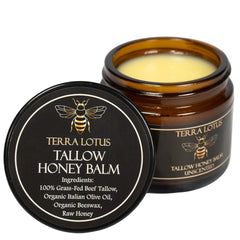 Terra Lotus Honey Tallow Balm jar shown, rich skin moisture possible.