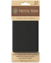 Terra Ties biodegradable elastic hair tie in black for ponytails with crease-free wear.