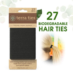 Terra Ties organic cotton and natural rubber hair tie in black for comfortable wear.