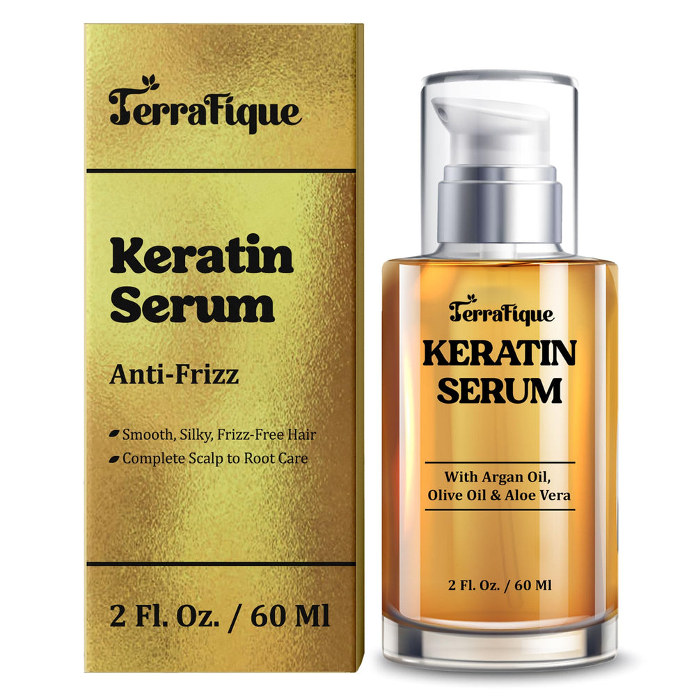 TERRAFIQUE keratin serum bottle closeup showing shine and frizz control