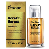 TERRAFIQUE keratin serum bottle closeup showing shine and frizz control