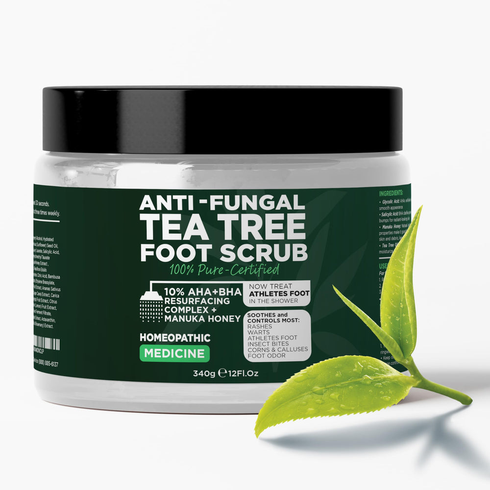 Terramed Just Think Comfort Foot Scrub tea tree oil bottle for a refreshing cleanse.