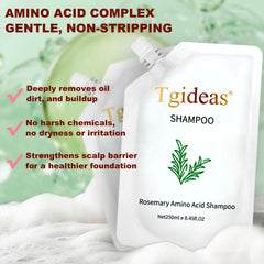 Close-up label on Tgideas Rosemary Amino Acid Shampoo with organic rosemary and zinc PCA details