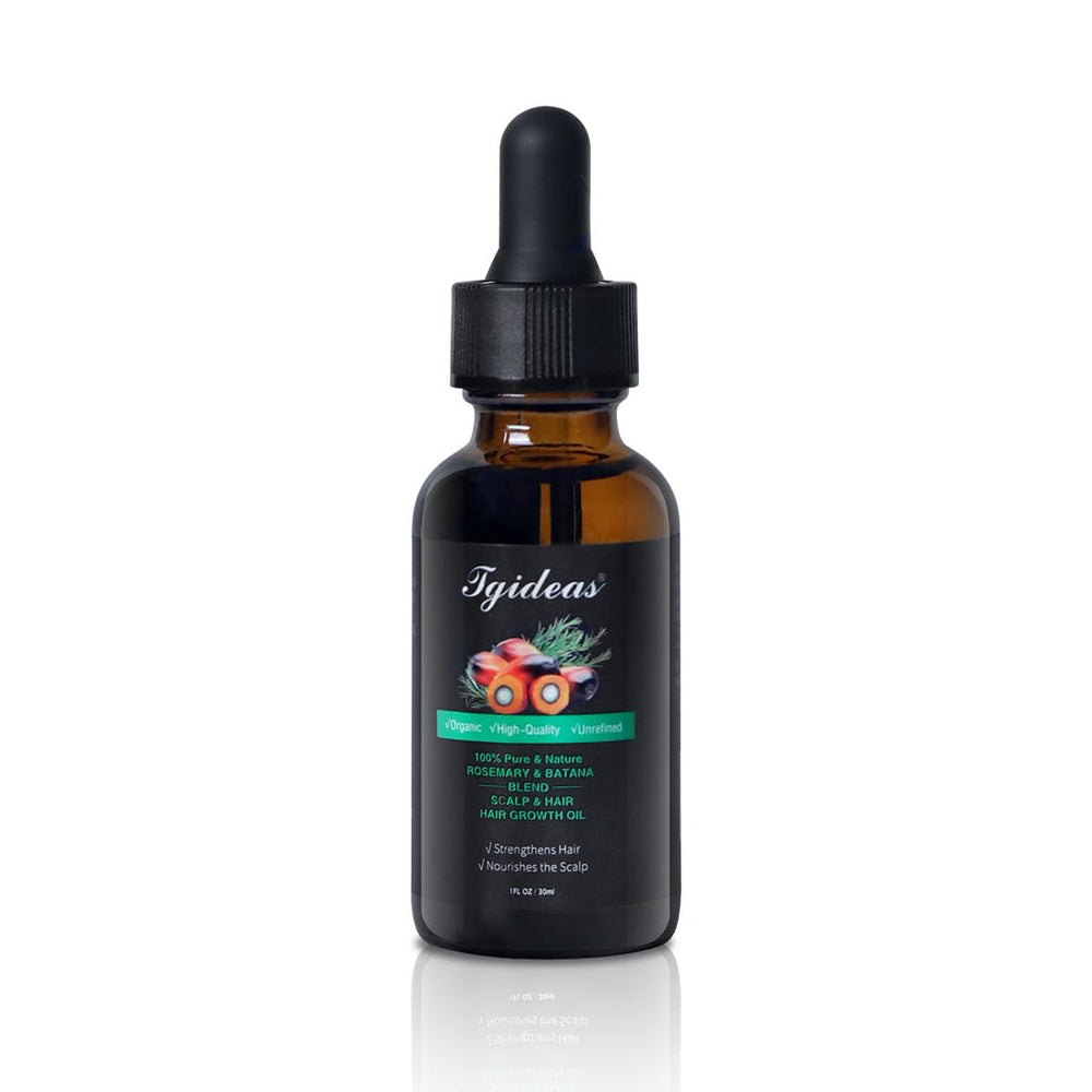 Tgideas Rosemary Batana Oil bottle demonstrates scalp nourishment with organic formula.