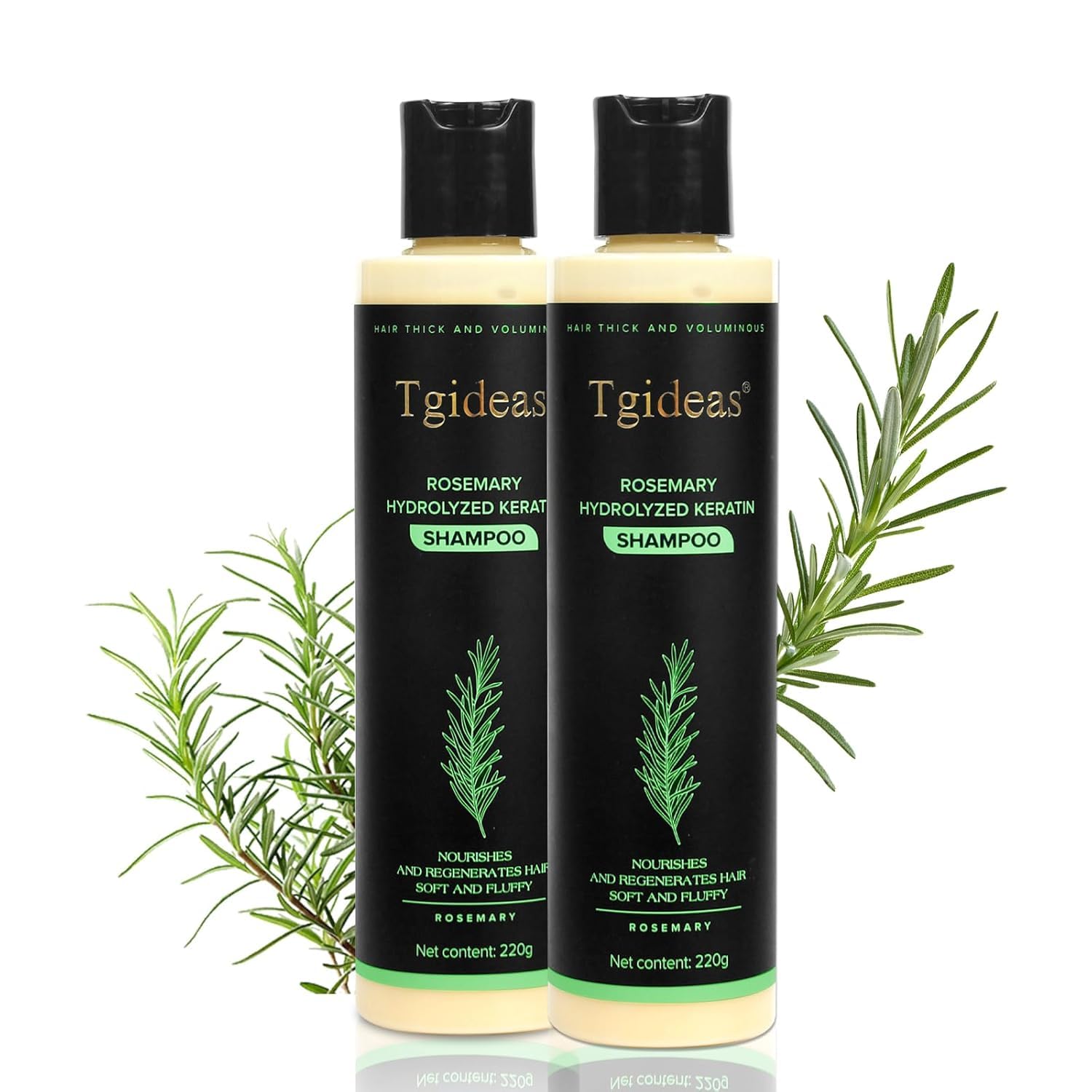 Tgideas Rosemary Biotin Shampoo bottle shows volumizing formula for thinning hair.