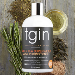tgin Green Tea Super Moist Leave In pump demonstrates frizz control during styling