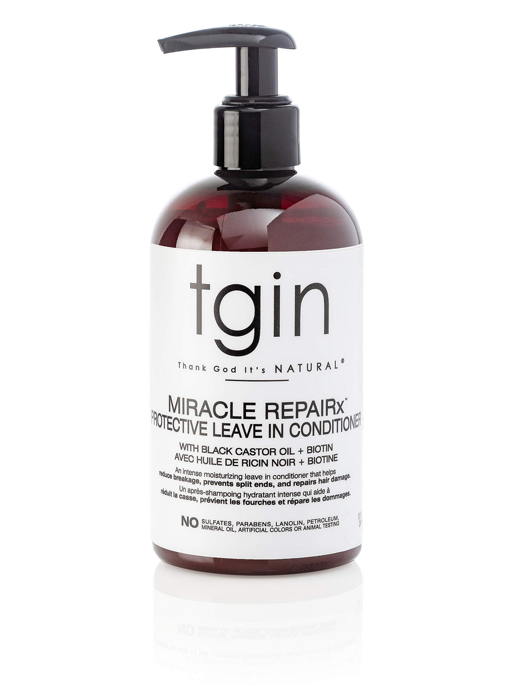 tgin Miracle RepaiRx bottle front highlights protective leave-in benefits for curls