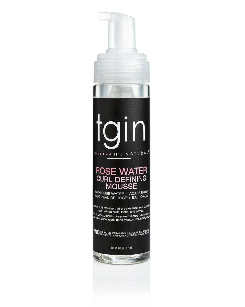 tgin Rose Water Defining Mousse bottle front showing lightweight hold for defined curls