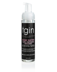 tgin Rose Water Defining Mousse bottle front showing lightweight hold for defined curls
