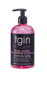 tgin rose water defining styling gel front bottle for lightweight curl hold.