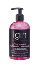 tgin rose water defining styling gel front bottle for lightweight curl hold.