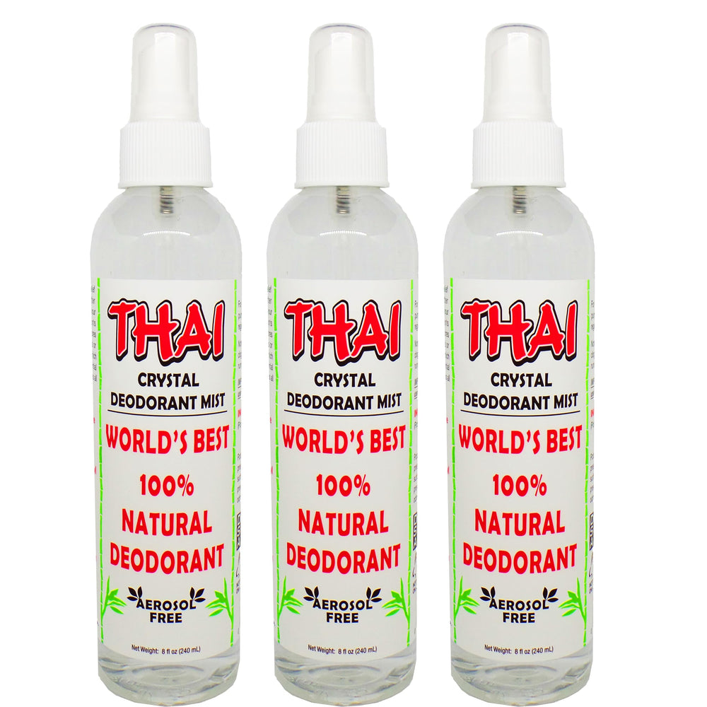 Thai Deodorant Stone Crystal Mist bottle shows mineral-based deodorant for gentle odor control.