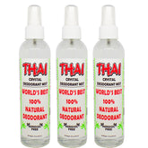Thai Deodorant Stone Crystal Mist bottle shows mineral-based deodorant for gentle odor control.