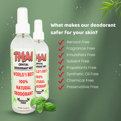 Thai Deodorant Stone Crystal Mist unscented display confirms fragrance-free odor protection.