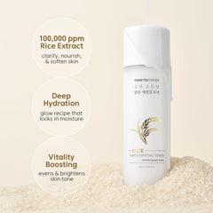 THANKYOU FARMER Rice Water ingredients close-up emphasizing moisture and clarity.