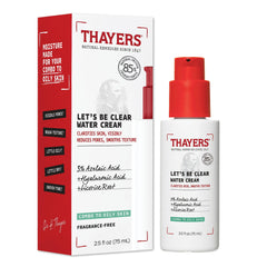 Thayers Let’s Be Clear Water Cream jar close-up shows clarified skin.
