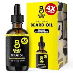 The Beard Club beard oil 2oz bottle with sandalwood pour hydrates and nourishes.