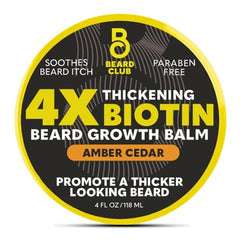 The Beard Club Biotin Beard Balm jar shows amber cedar scent and moisturizing formula.