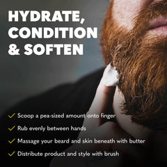 Shea butter, castor oil and coconut oil details emphasize nourishing beard care.