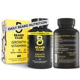 The Beard Club Biotin Beard Growth vitamins bottle shows fuller facial hair potential.