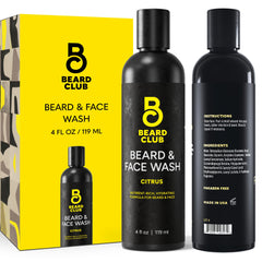The Beard Club Citrus Beard & Face Wash bottle shows all-in-one cleansing for beard and skin.