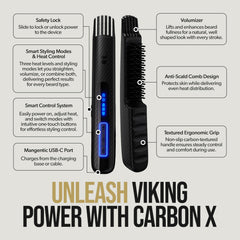 The Beard Struggle Carbon X Heated Brush heat settings demonstrate 160–200°C customization