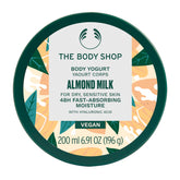 The Body Shop Almond Milk Body Yogurt jar close-up showing smooth, long-lasting moisture