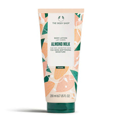 The Body Shop Almond Milk & Honey lotion bottle showing lightweight hydration suitable for dry skin.