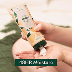 Tube packaging of The Body Shop lotion emphasizing 30% recycled plastic content.