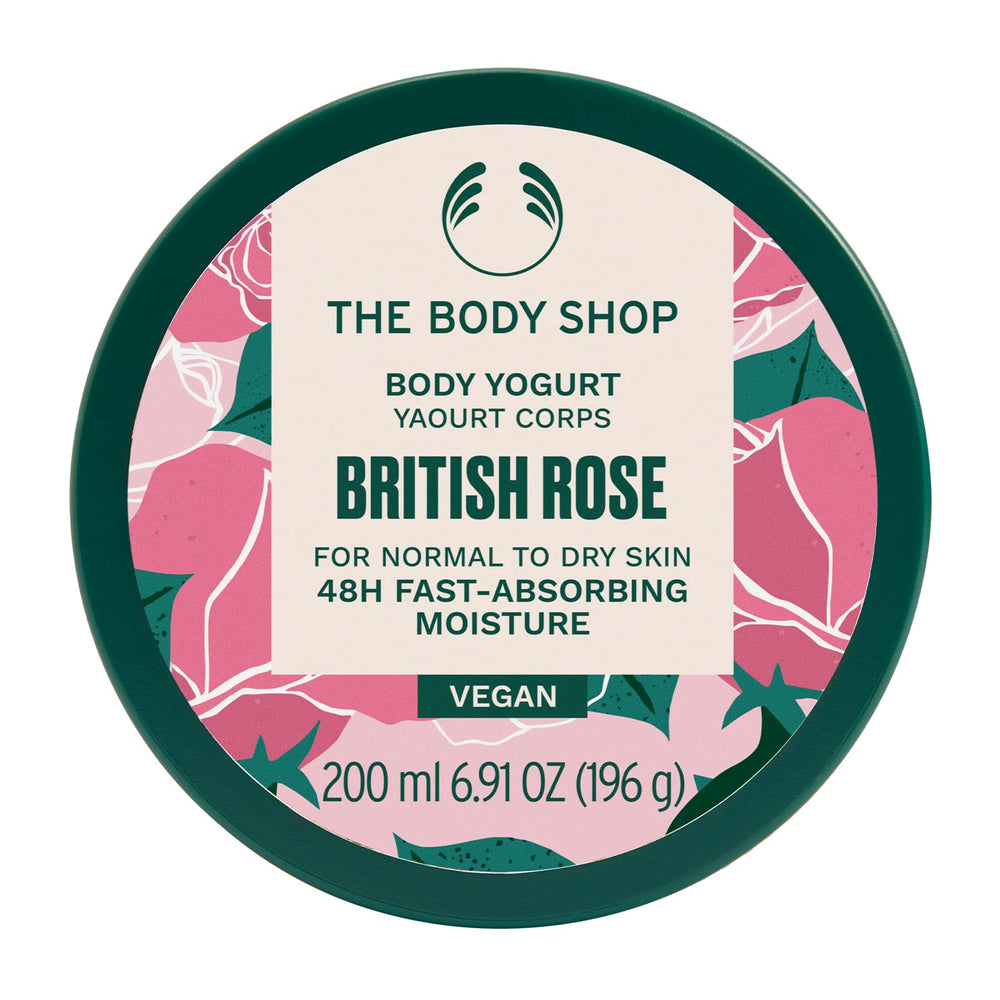 The Body Shop British Rose Yogurt packaging highlights vegan hydration