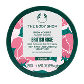 The Body Shop British Rose Body Yogurt packaging on shelf highlighting vegan skincare