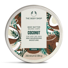 The Body Shop Coconut Body Butter packaging close-up shows recyclable materials and nourishing formula.
