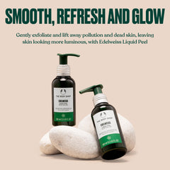 The Body Shop Edelweiss Liquid Peel texture close-up highlighting gel-to-peel action lifting impurities.