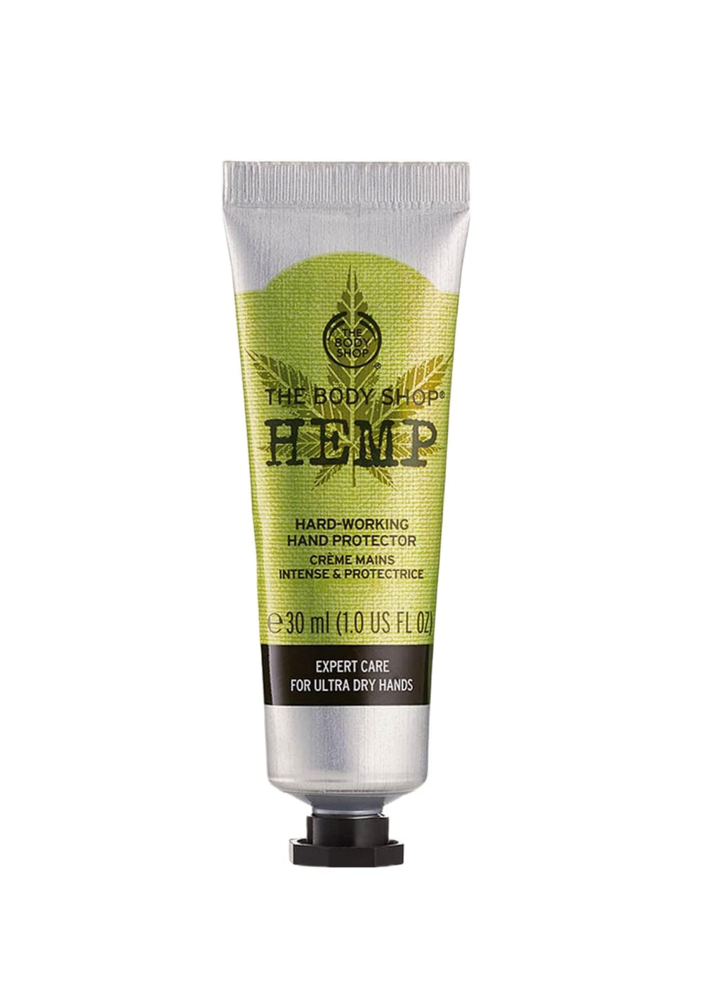 The Body Shop Hemp Hand Protector jar closeup highlighting rich hydration for ultra-dry hands