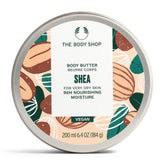 The Body Shop Shea Body Butter jar closeup shows rich moisture for very dry skin.