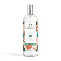 The Body Shop Shea Body Mist bottle ready to spritz for cooling hydration