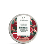 The Body Shop Strawberry Body Butter jar close-up showing creamy texture for nourished skin.
