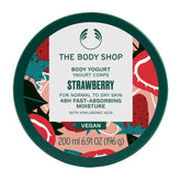 The Body Shop Strawberry Body Yogurt bottle closeup shows fast absorption and fruity aroma.