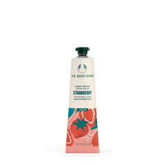 The Body Shop Strawberry Hand Cream packaging close-up for on-the-go hydration.
