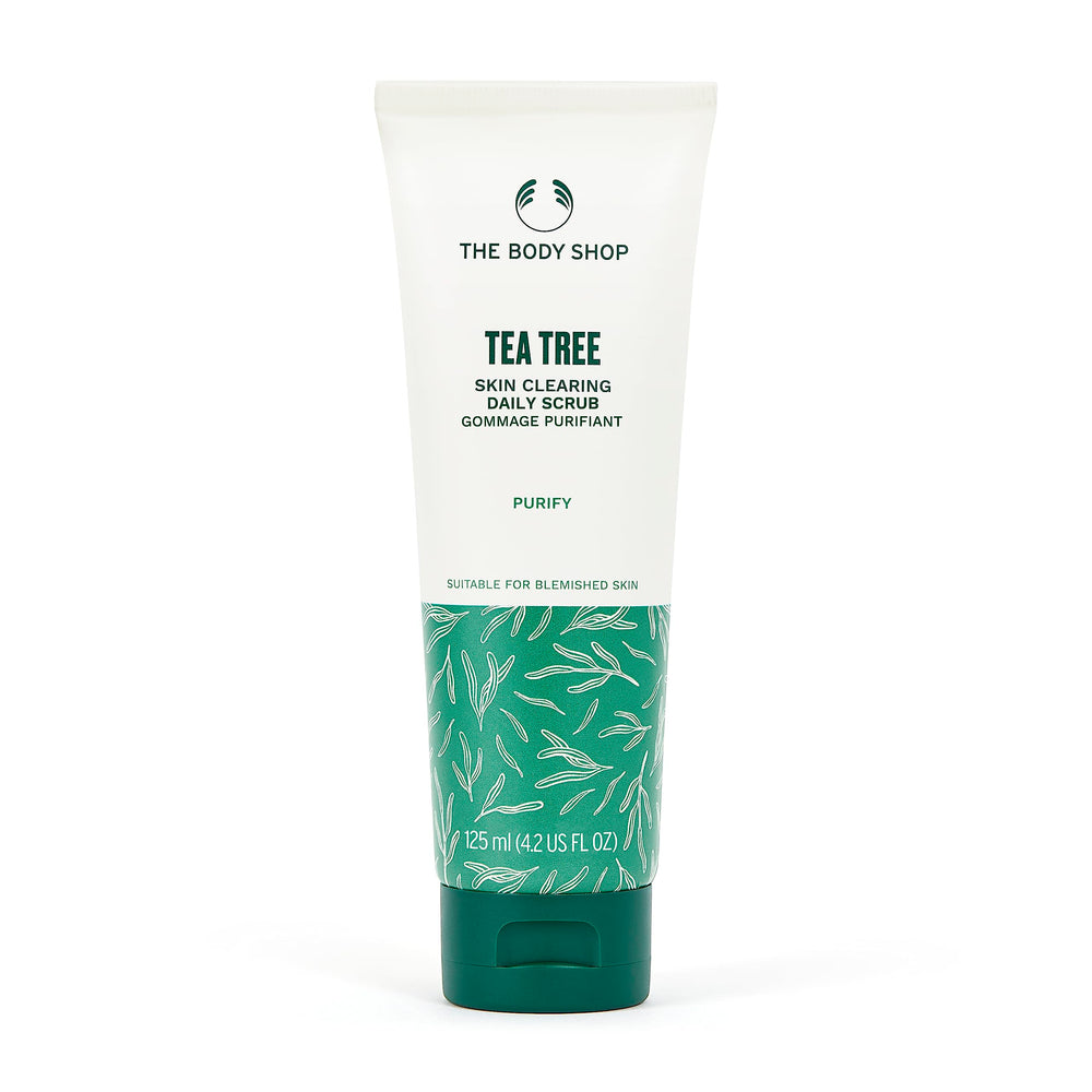 The Body Shop Tea Tree Skin Clearing Daily Scrub bottle closeup with gel texture for blemish-prone skin
