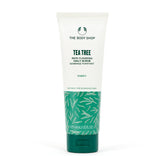 The Body Shop Tea Tree Skin Clearing Daily Scrub bottle closeup with gel texture for blemish-prone skin