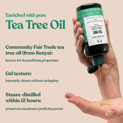 The Body Shop Tea Tree Skin Clearing Facial Wash packaging, with Community Trade tea tree oil, supports sourcing.